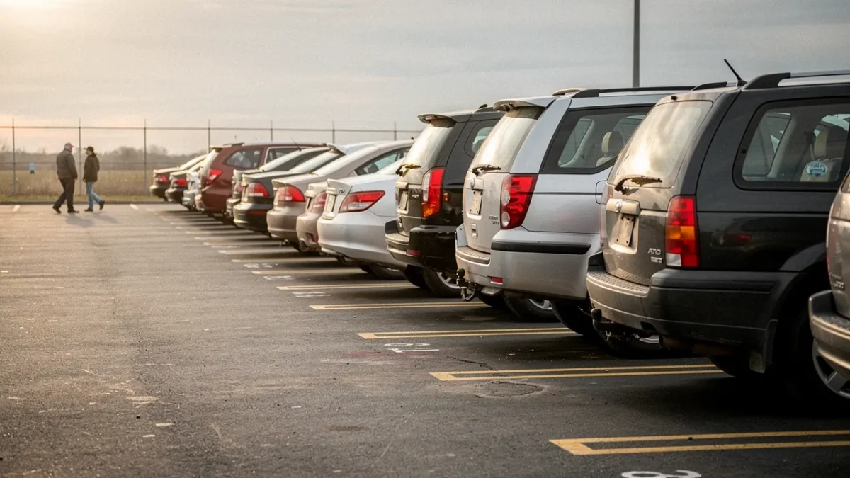 plusieurs voitures alignees sur un parking exposees au public avant une vente Plusieurs voitures alignées sur un parking, exposées au public avant une vente aux enchères.