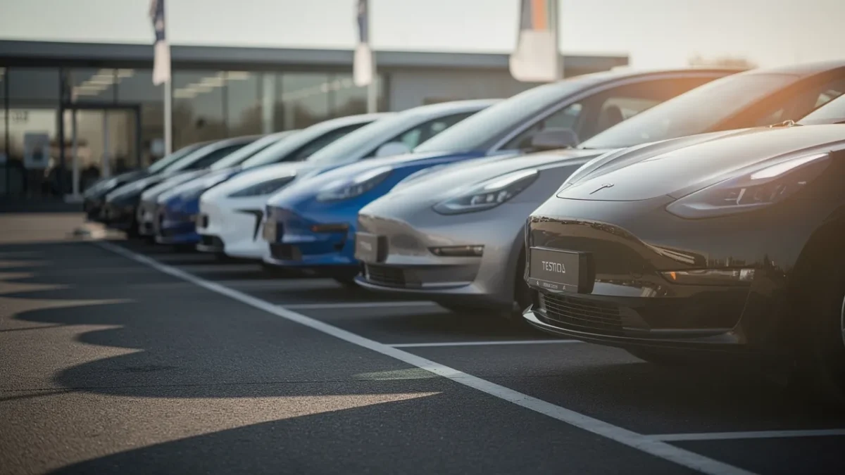 plusieurs voitures neuves de tailles differentes de la citadine a la berline Plusieurs voitures neuves de tailles différentes, de la citadine à la berline, garées sur le parking d'une concession.