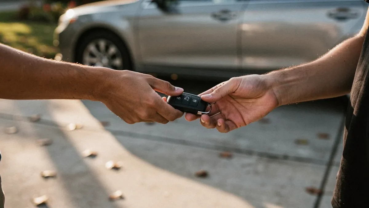 un heritier tend les cles de la voiture a un acheteur devant le vehicule gare Un héritier tend les clés de la voiture à un acheteur devant le véhicule garé.