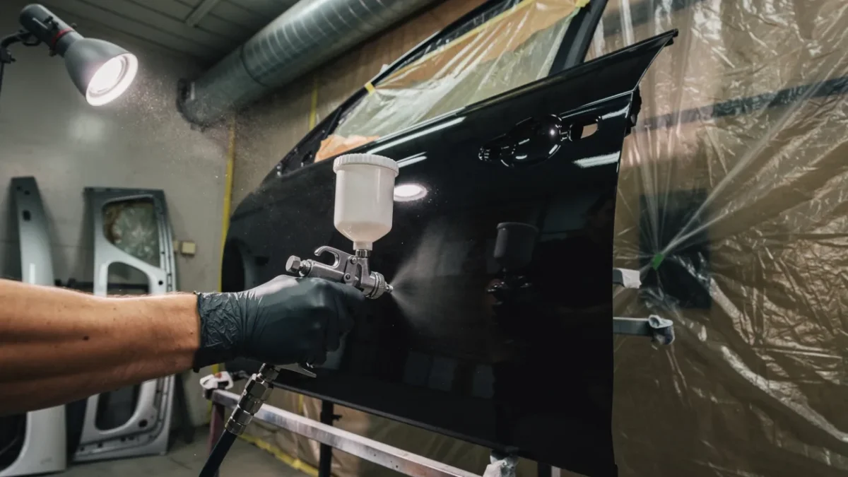 un professionnel repeint une portiere de voiture au pistolet detachee Un professionnel repeint une portière de voiture au pistolet, détachée de la carrosserie et posée sur un support d'atelier.