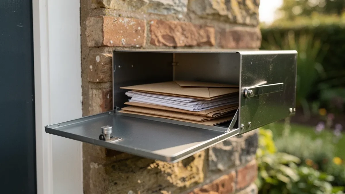une boite aux lettres domestique remplie de plusieurs enveloppes de courrier Une boîte aux lettres domestique remplie de plusieurs enveloppes de courrier.