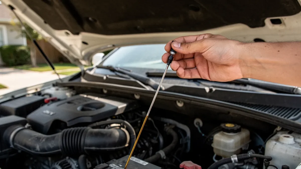 une jauge d huile moteur retiree du moteur pour verifier le niveau capot ouvert Une jauge d'huile moteur retirée du moteur pour vérifier le niveau, capot ouvert.