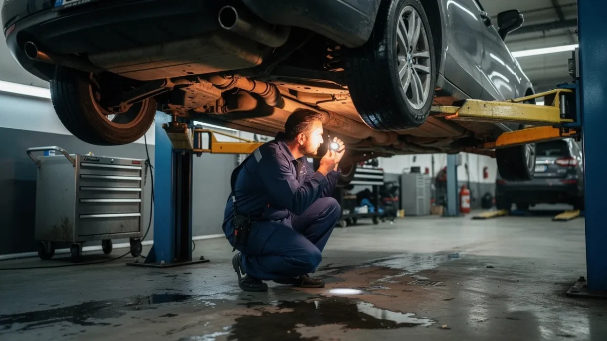 une voiture surelevee sur un pont elevateur pendant un controle technique Une voiture surélevée sur un pont élévateur pendant un contrôle technique, avec un technicien inspectant le dessous du véhicule.