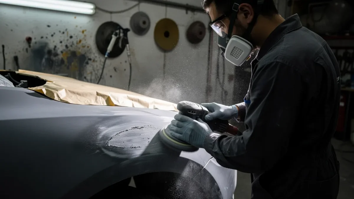 carrossier en atelier en train de poncer une rayure sur l aile d une voiture Carrossier en atelier en train de poncer une rayure sur l'aile d'une voiture avant de la repeindre.