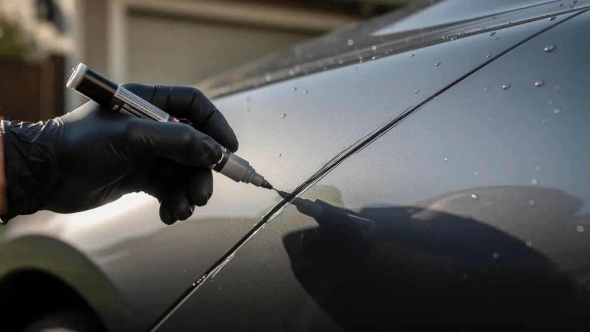 gros plan d une main appliquant de la peinture de retouche avec un stylo Gros plan d'une main appliquant de la peinture de retouche avec un stylo sur une rayure de portière de voiture.